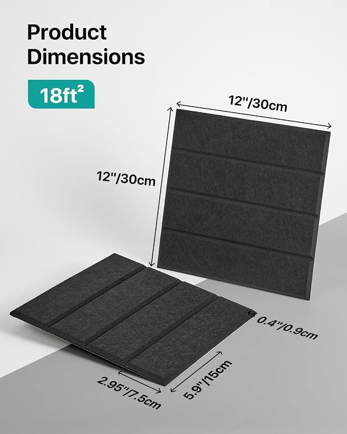 Soundsbay Sound Proof Foam Panels for Walls Self-Adhesive, 18-Pack 12"X12" | Cover 17.4 sq.ft, 150kg/m³ High-Density Polyester, Soundproof Wall Panels for Recording Studio, Home Theater, Office Black - Image 4