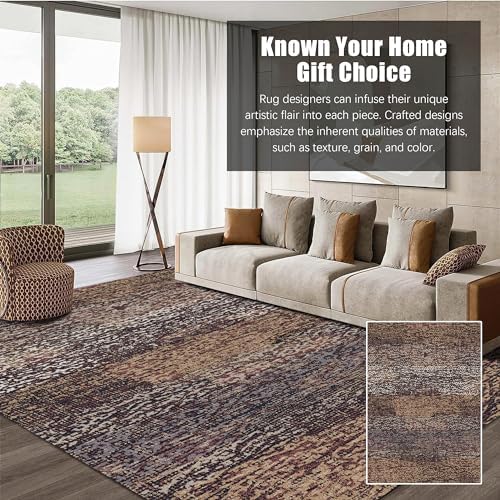 RUGSURE Washable Area Rug - 1/6" Thick Low Pile - Stain & Water Resistant Non-Slip Backing - Pet & Child Friendly Vintage Abstract Design in Multi-Tone Rust Brown, Blue & Beige (3' x 5') - Image 3