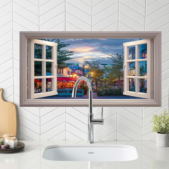 European Cafe City Kitchen Backsplash Peel and Stick, 30x16 in | Window view of evening cafe street with warm lanterns and awnings; flat 2D waterproof peel and stick; wipe clean; 30x16 in - Image 5