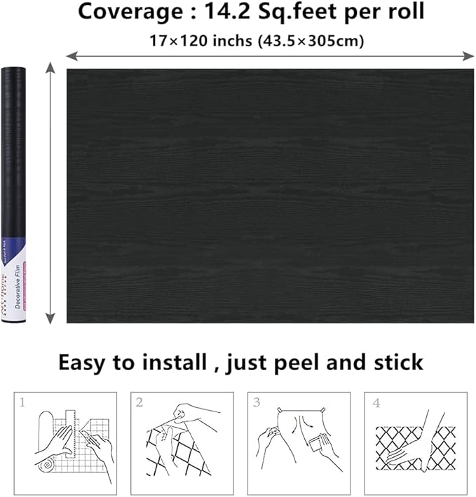 Arthome Peel and Stick Wallpaper - Black Wood Contact - Black Wallpaper - Self-Adhesive & Removable Wall Paper for Countertop Furniture Kitchen, Countertop Contact Paper, Easy to Clean, (17"x120") - Image 6