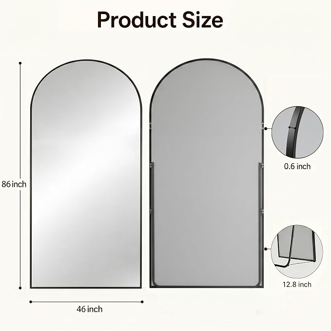 Antok Full Length Mirror, 46"x86" Floor Mirror with Stand, Black, Arched - Image 7