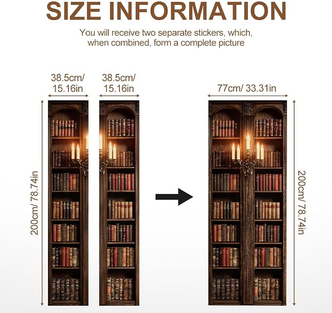 Dark Library Door Mural, Vintage Bookshelf Room Decor | Peel-and-stick vinyl door decal, self-adhesive home decor wallpaper, 30.3" W x 78.7" L, 2-pack - Image 4