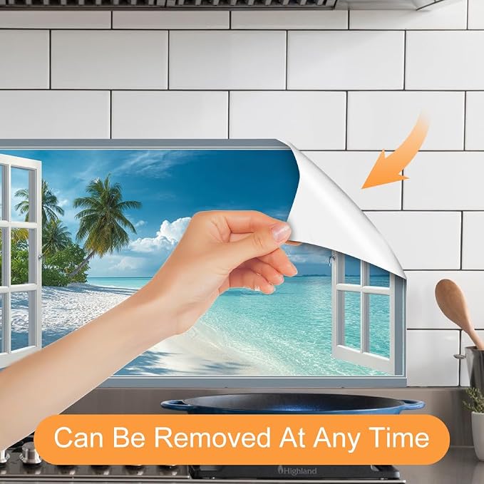 Tropical Beach Kitchen Backsplash Peel and Stick, 30x16 in | Fake window view of white sand beach and turquoise ocean; waterproof peel and stick; wipe clean; 30.31 x 16.14 in - Image 3