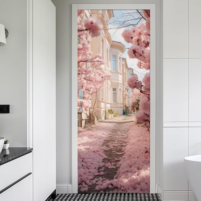 REDAMANCY Pink Cherry Flower Blossom Pathway Landscape Peel and Stick Door Stickers Vinyl 3D Door Mural Decals Decor Wallpaper Self-Adhesive, Waterproof, Removable by Unknown