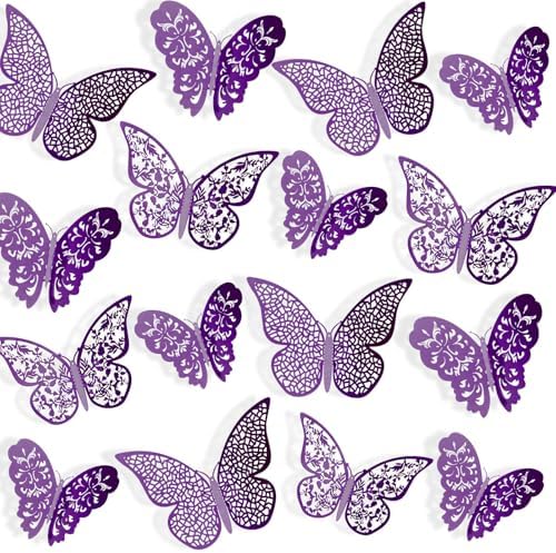 Bememo 72 Pcs 3D Butterfly Wall Decals, 3 Sizes,Purple | Metallic Hollow Design for Bedroom Living Room, Removable Adhesive Wall Decor, Easy Peel Stick Party Decoration Stickers by Bememo
