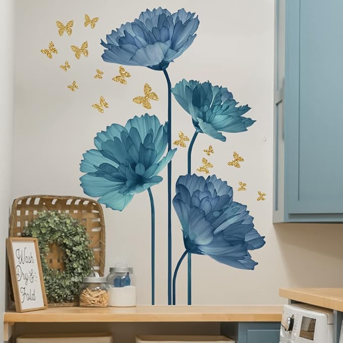 Runtoo Large Blue Flower Wall Decals Butterfly Floral Wall Stickers Backdrop for Living Room Bedroom Bathroom Wall Decor (Pack of 2) - Image 3