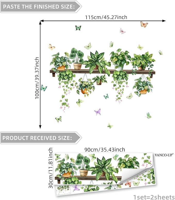 2 Sheets Potted Green Plants Wall Stickers & Murals Peel and Stick Removable Wall Decals Living Room Vinyl 3D Wall Stickers for Bedroom Bathroom Cabinet Vine Wall Clings Decor with Butterflies - Image 8