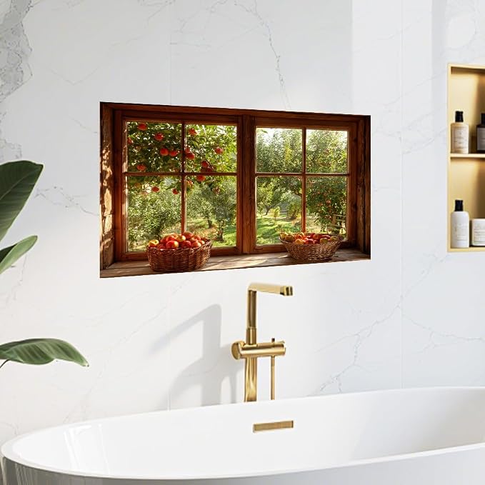 Apple Orchard Kitchen Backsplash Peel and Stick, 30x16 in | Wood frame window view of apple orchard with harvest baskets; flat 2D waterproof peel and stick; wipe clean; 30x16 in - Image 8