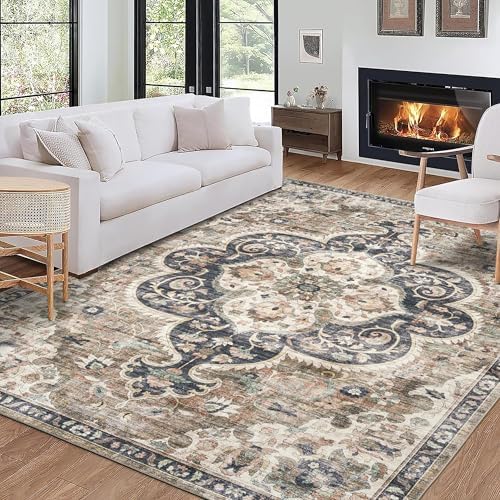 ReaLife Rugs Machine Washable Area Rug - Living Room Bedroom Bathroom Kitchen Entryway Office - Padded Low Pile Stain Resistant Premium - Boho Farmhouse Vintage - Joy - Brown Beige 7'6" x 9'6" by ReaLifeRugs