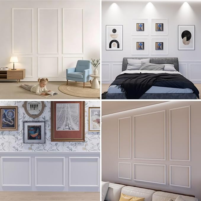 Peel and Stick Wall Molding Kit, 6 Large Frames, 54 x 24 Inch | Six 54 x 24 in pre-cut frames create a large-scale wainscoting layout for living rooms, dining rooms, and hallways. - Image 7