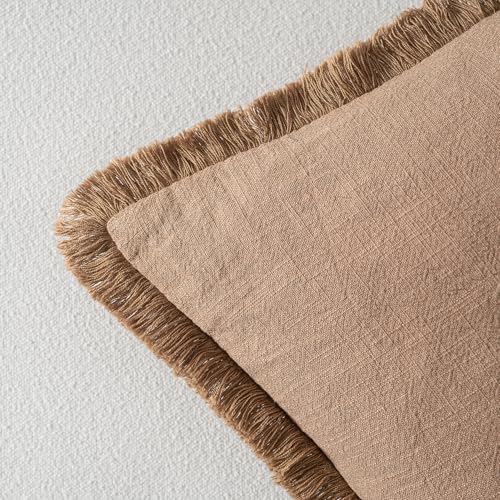 MIULEE Boho Linen Fringe Decorative Fall Throw Pillow Covers Brown 18x18 - Image 3