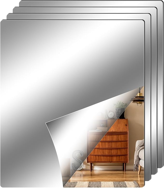 Fantasyon 4 Pieces Flexible Mirror Sheets, 2mm Thickness Decorative Self Adhesive Plastic Mirror Tiles Non Glass Mirror Stickers for School Educational and Home Wall Decor (11.8 × 13.8 Inches) by Fantasyon
