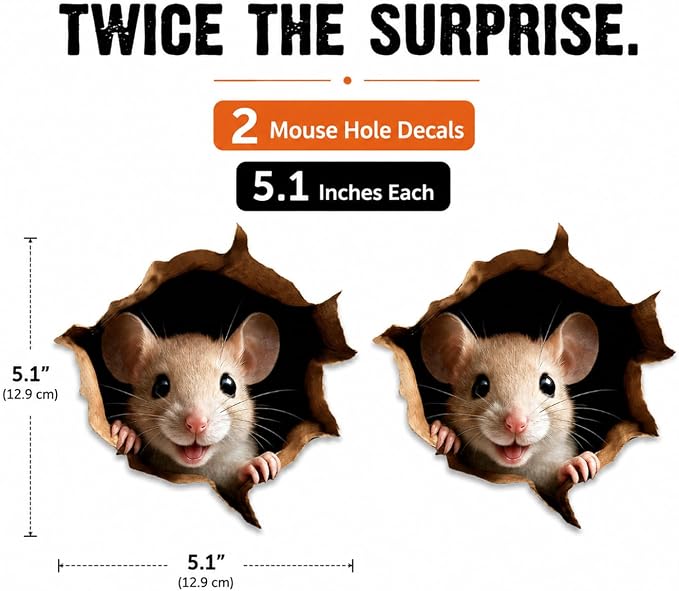GRITKULTURE Removable Peek A Boo Mouse in Mouse Hole Decal Sticker 5.1inch 2 Pack. Mouse Hole in the Wall Sticker with 3D Effect. Wall Decoration, Funny Gift, Potty Training, Prank - Image 4
