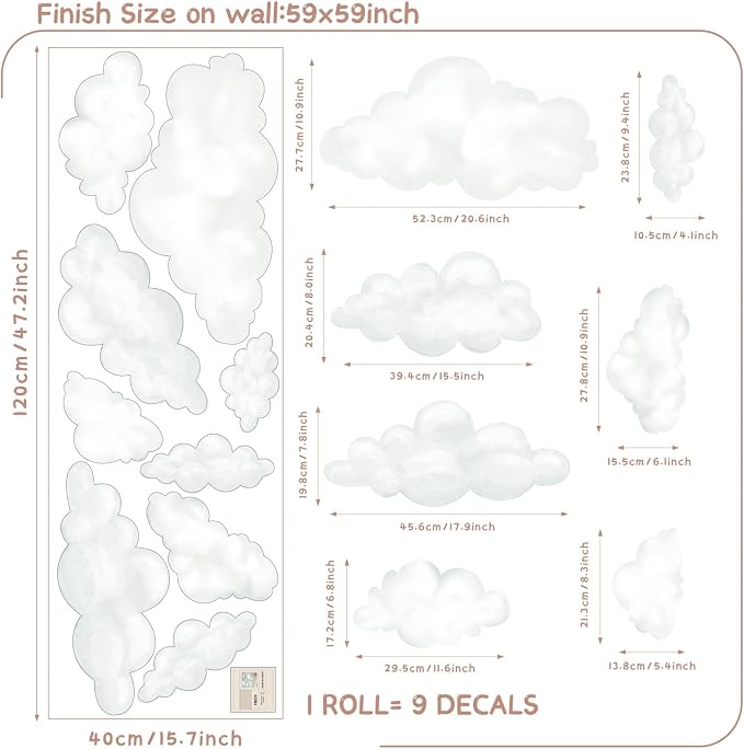 9pcs Fabric Large Cloud Wall Decals,Peel and Stick Decals Watercolor Clouds,Home Decor for Nursery,Kids Room,Playroom,Ceilings and Furniture,Easy Removable Wall Stickers - Image 4