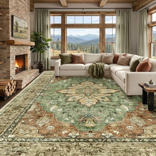 RELEANY Washable Area Rug, Large 9'x12', Brick/Brown/Green by RELEANY