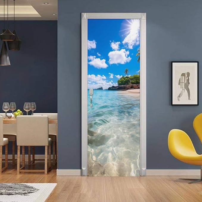 REDAMANCY Sunshine Island Beach Seashore Landscape Peel and Stick Door Stickers Vinyl 3D Door Mural Decals Decor Modern Door Wallpaper Self-Adhesive, Waterproof, Removable - Image 3