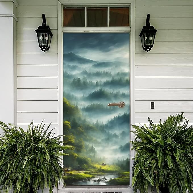 REDAMANCY River Mountain Forest Green Landscape Nature Peel and Stick Door Stickers Vinyl Decals Decor Modern Self-Adhesive, Waterproof, Removable - Image 5