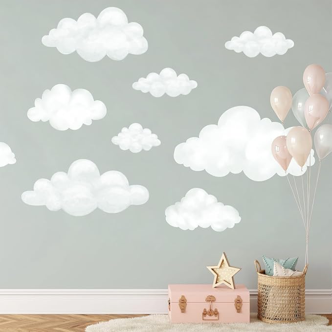9pcs Fabric Large Cloud Wall Decals,Peel and Stick Decals Watercolor Clouds,Home Decor for Nursery,Kids Room,Playroom,Ceilings and Furniture,Easy Removable Wall Stickers by Liwo