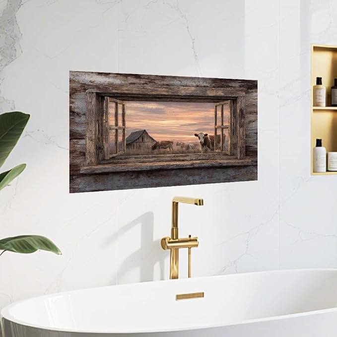 Farmhouse Cow Barn Kitchen Backsplash Peel and Stick, 30x16 in | Rustic wood frame window view of cows and barn at golden sunset; flat 2D waterproof peel and stick; wipe clean; 30x16 in - Image 8