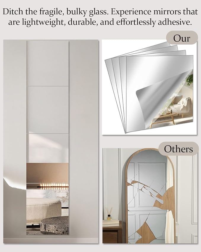 12Pack Acrylic Flexible Mirror Sheets, 12x16 Inch Shatterproof Flexible Stick on Mirrors for Wall Self-Adhesive Sticker for Bedroom, Door, Bathroom, and Dance Studio Installation - Image 4
