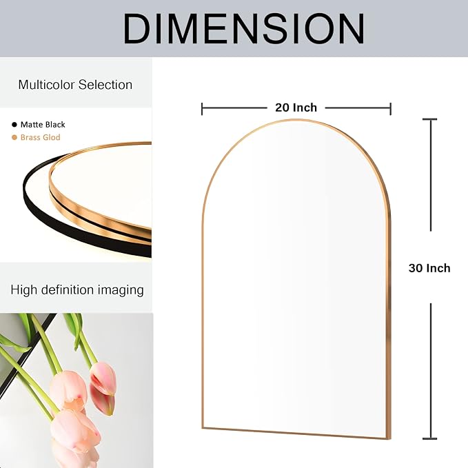 Wall Mounted Mirror, Arched Wall Mirror for Bathroom, 20"x30" Arch Bathroom Mirror with Metal Frame, 2 Piece Gold Vanity Mirror Decor for Bedroom, Entryway, Living Room - Image 4