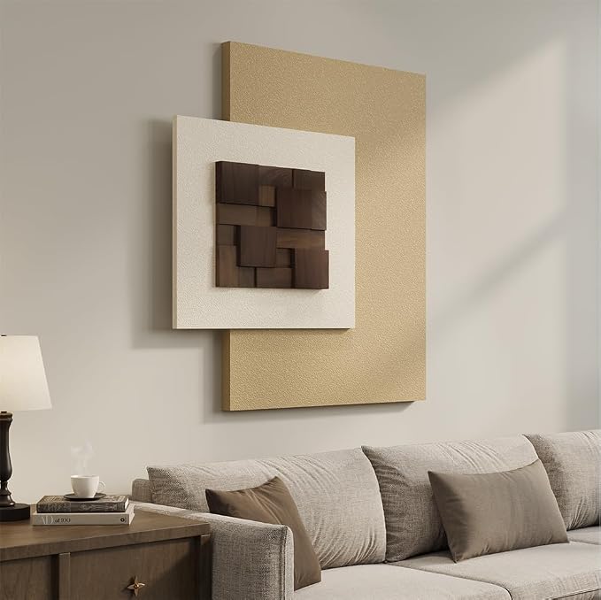 Large Wood Abstract Wall Art for Living Room, Modern 3D Artwork for Walls | Neutral beige tone, Textured paintings, Big woodern layered sculpture, Bedroom dining room office wall decor aesthetic - Image 2