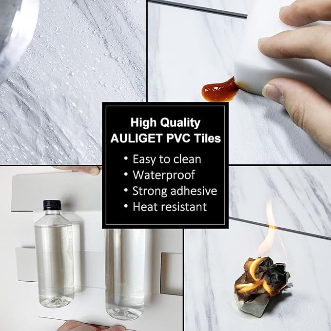 AULIGET 6" x 12" White Marble Peel and Stick Backsplash Wall Tiles, PVC Faux Stone Stick on Tiles for Backsplash Kitchen, Bathroom, Laundry Room, Camper, Fireplace (Pack of 20) - Image 7
