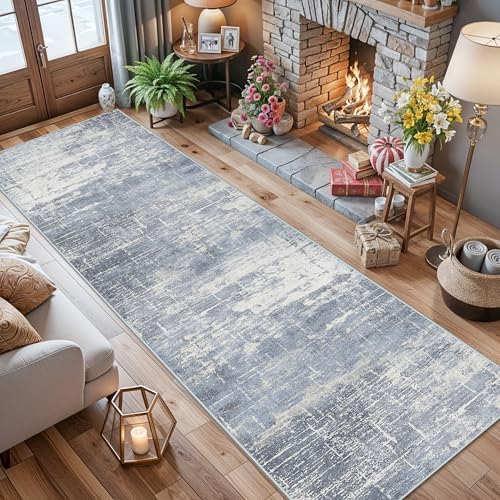 Washable 12ft Hallway Runner Rug: Non-Slip 2'6x12 Kitchen Rugs Low-Pile Entryway Rug Runner Abstract Soft Bedroom Floor Mat Farmhouse Carpet for Bathroom Living Room Dining Room(2'6x12,Blue/Ivory) - Image 4