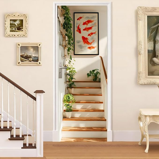 Koi Stairway Door Mural, Botanical Modern Steps Door Cover | Waterproof PVC, 30.3" W x 78.7" L; koi stairway design for bedroom, hallway, entryway or office doors. - Image 2