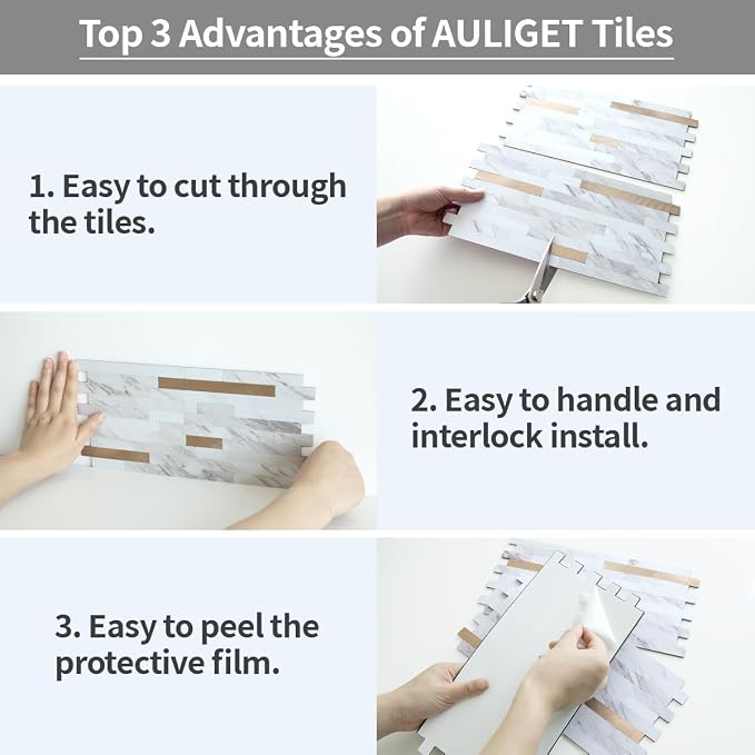 AULIGET 2 Sheets Faux Stone White Marble Peel and Stick Backsplash, PVC Mixed Metal Champagne Gold Wall Tile Stick on Backsplash for Kitchen and Bathroom - Image 7
