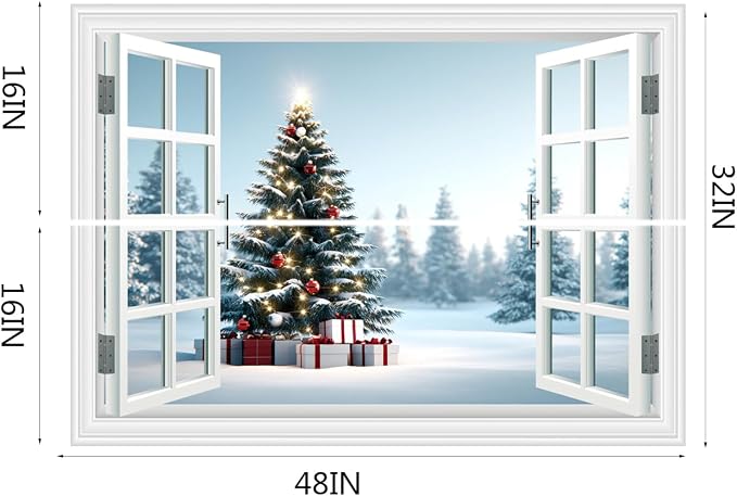 Fake Window Wall Decal - Christmas Tree Gift Winter Wall Art Poster Mural | ｜Faux Window Snow Snowfield Landscape Mural ｜ Stick and Peel Wall Decals｜for Xmas Room Office Decor｜48"x32",Set of 2 Sheets - Image 6