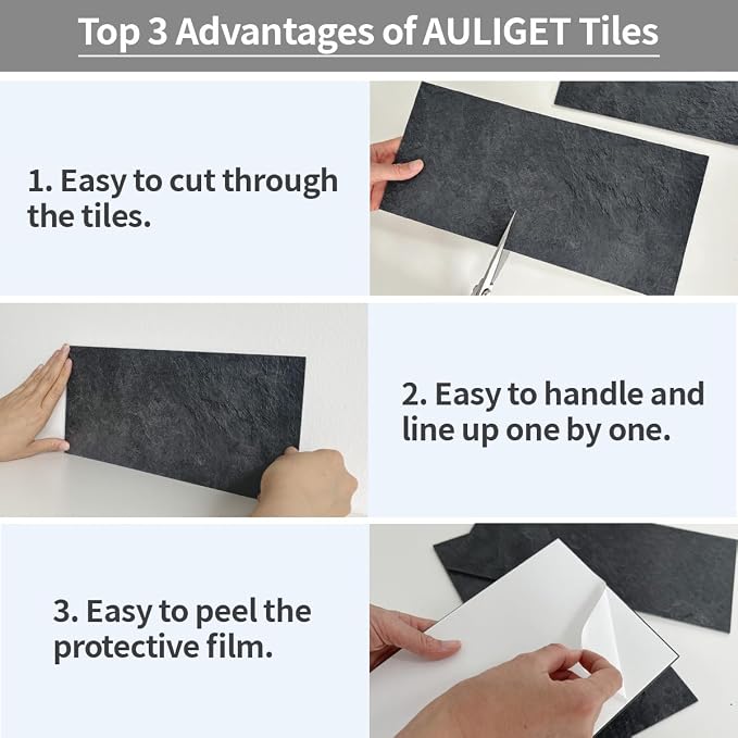 AULIGET 6" x 12" Black Slate Peel and Stick Backsplash Wall Tiles, PVC Faux Stone Stick on Tiles for Backsplash Kitchen, Bathroom, Laundry Room, Camper, Fireplace (Pack of 20) - Image 8