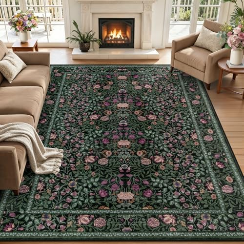 6x9 Area Rug Living Room: Soft Floral Washable Boho Carpet Green by EXPEDIX