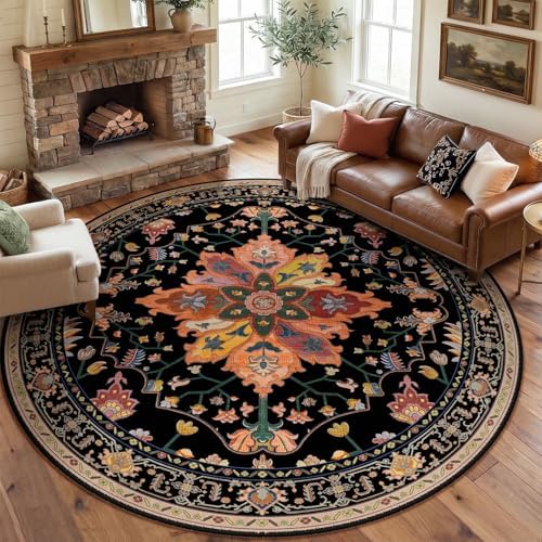 RELEANY Washable Area Rug, Round 8ft, Black/Colorful by RELEANY