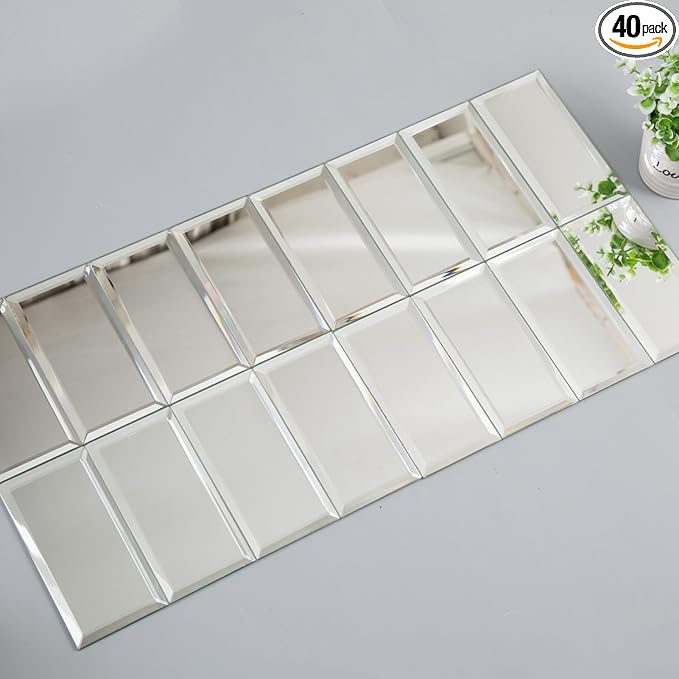 Diflart Beveled Mirror Backsplash Tiles for Kitchen, Silver Subway, 3x6 Inch, Mirror TIile for Bathroom Accent Wall, Pack of 5 Sq.ft by Diflart