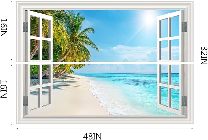 Fake Window Wall Decal- Summer Beach Ocean Tropical Coconut Tree Art Mural | Faux Window Natural Scenery Landscape Sticker｜ Stick and Peel Wall Decals｜Room Bedroom Office Decor｜48"x32",Set of 2 Sheets - Image 3