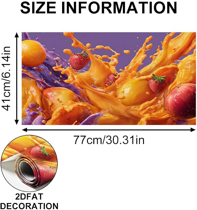 Tropical Fruit Splash Kitchen Backsplash Peel and Stick, 30x16 in | Bold mango, strawberry and orange juice splash on vivid purple background; flat 2D peel and stick; wipe clean; 30x16 in - Image 6