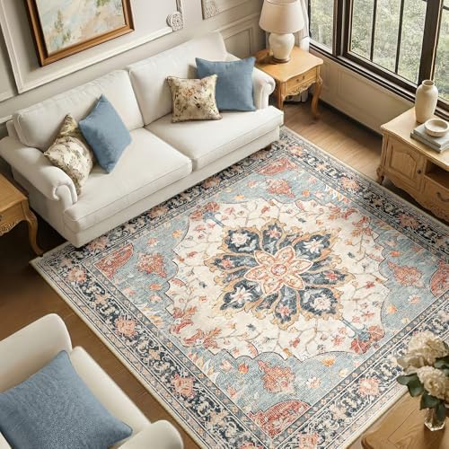 RELEANY Washable Area Rug, Square 6'x6', Beige/Blue/Orange by RELEANY