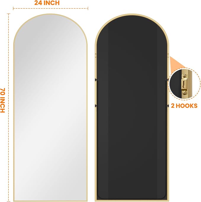 Arched Full Length Mirror, 70"x24" Standing Body Mirror for Wall, Gold - Image 7