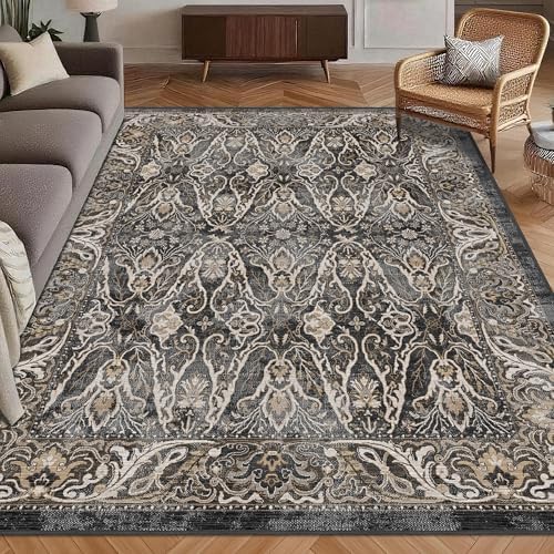 Washable Area Rug 3' x 5 ' Vintage Traditional Persian Mat - Foldable Distressed Non-Slip Machine Washable Carpet for Living Room Bedroom Kitchen Home Decor - Ebony and Taupe by Unknown