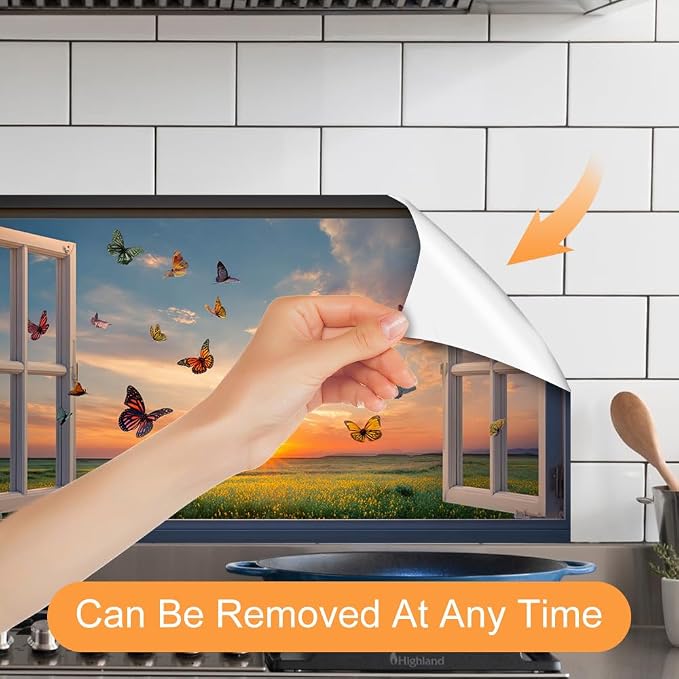Butterfly Sunset Kitchen Backsplash Peel and Stick, 30x16 in | Colorful butterflies over golden sunset meadow through open window; flat 2D waterproof peel and stick; wipe clean; 30x16 in - Image 3