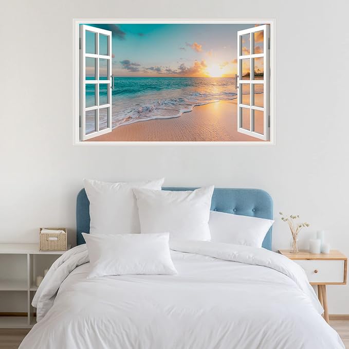 Sea Beach Wall Sticker Sunset Seascape Fake Window Wall Stickers Tropical Sandy Beach Faux Window Wall Decal Removable Ocean Landscape Window View Wall Mural for Living Room - Image 4