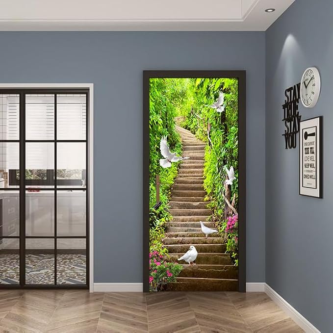 artfanke 3D Peel and Stick Door Sticker 30.3"x78.7"- Self-Adhesive Door Wallpaper Murals Decal-Green Forest Doves Wall Poster for Bedroom Home Decor (2 Sheets/Set) - Image 4
