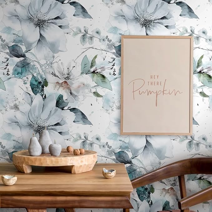 Ice Blue White Large Hyacinth Floral Green Leaf Peel and Stick Wallpaper Wall Decor Self Adhesive Wall Paper Stick on Easy Peel Off Contact for Renter Apartment - Image 5