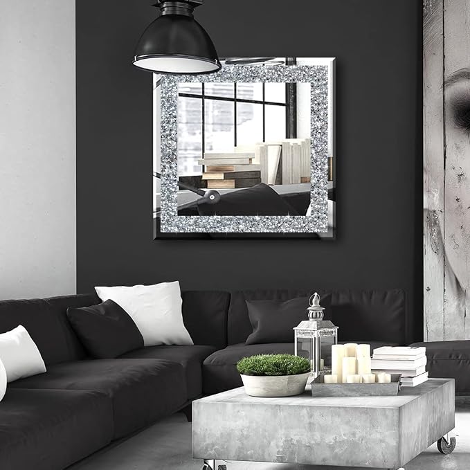 20" Square Crushed Diamond Silver Glass Mirror for Wall Decor - Image 4