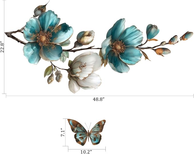 Teal Blue Flower Wall Decals with Butterfly - Large Floral Branch Wall Stickers for Living Room Bedroom, Peel and Stick Vinyl Art, Coastal Farmhouse Chinoiserie Decor, Removable Home Decoration - Image 2