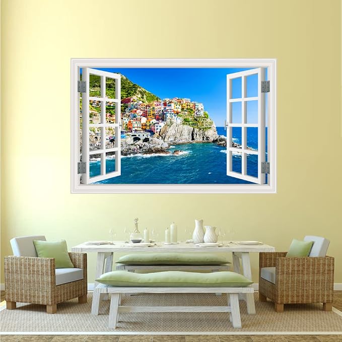 Self-Adhesive Wall Sticker Romantic Living Room Bedroom Study Office Decorative Wall Sticker Ocean Scenery Fake Window Sticker Mural (17.3"×27.6", sea City) - Image 5