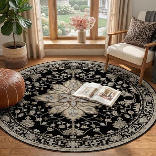 RELEANY Washable Area Rug, Round 4ft, Black/Neutral - Image 2