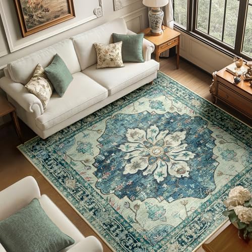 RELEANY Washable Area Rug, Square 6'x6', Blue/Vintage Dark Blue by RELEANY