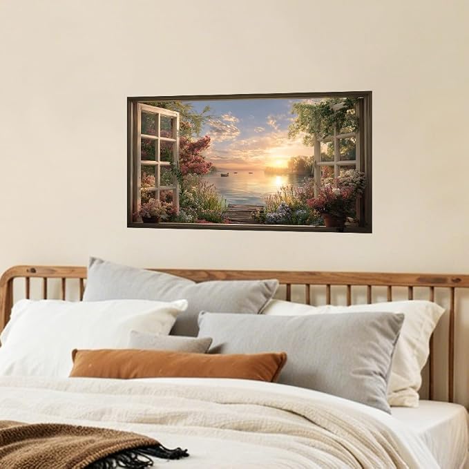 Lake Sunset Kitchen Backsplash Peel and Stick, 30x16 in | Garden window view of golden sunset over flower-lined lake with boats; flat 2D waterproof peel and stick; wipe clean - Image 7